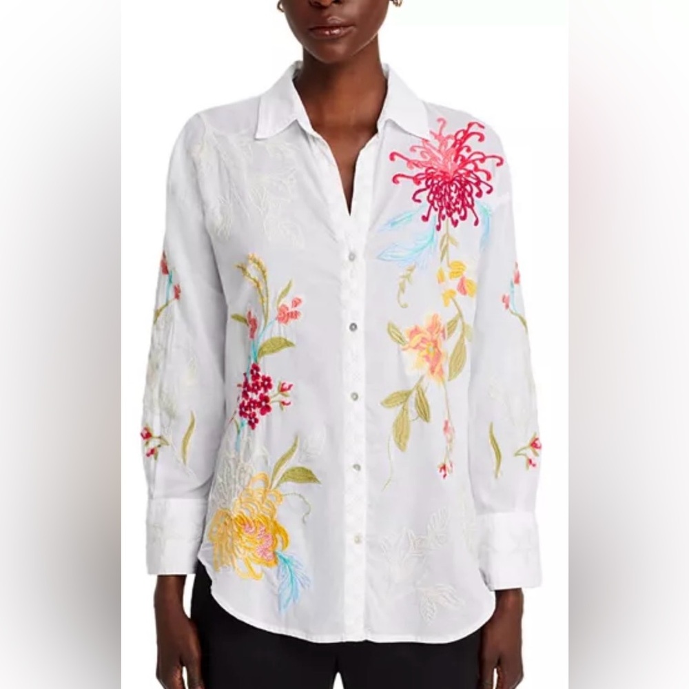 Johnny Was Workshop Malory Embroidered Cotton Seamed Long Sleeve Blouse Sz S